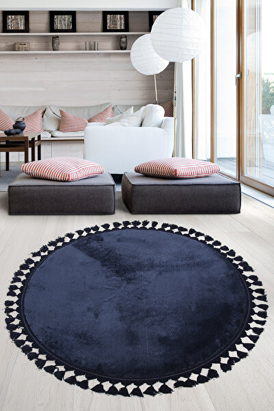 AVANTAJ Relax Lacivert Yuvarlak Saçaklı 100x100 Cm Peluş Kaymaz Tabanlı Makin...