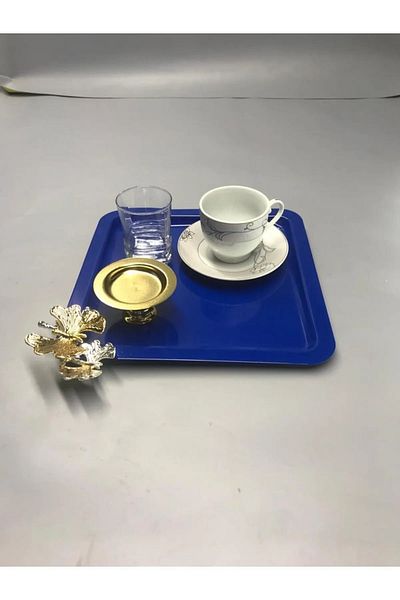NEWTREND Züccaciye Stainless Steel Square 6-Piece Blue Coffee, Tea, Decorative Presentation Serving Tray with Luxury Butterfly Accessories
