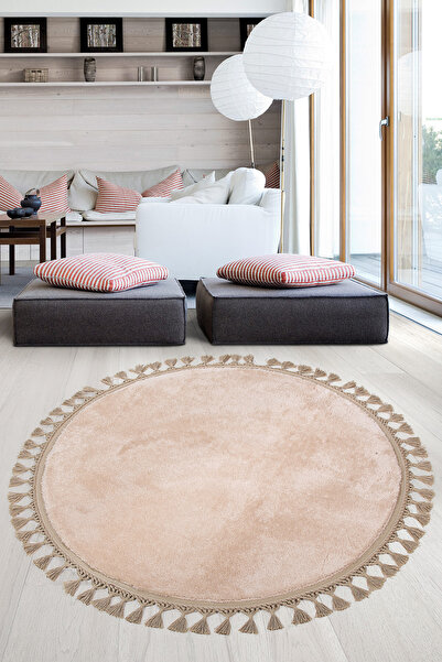 AVANTAJ Relax Vizon Yuvarlak Saçaklı 120x120 Cm Peluş Kaymaz Tabanlı Makinede...