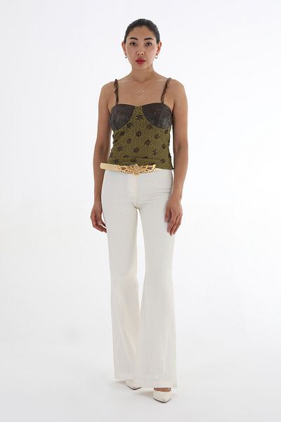 Balizza BLZ-BACK POCKETS ZIPPERED SPECIAL DESIGN BELTED NORMAL WAIST LINEN PANT