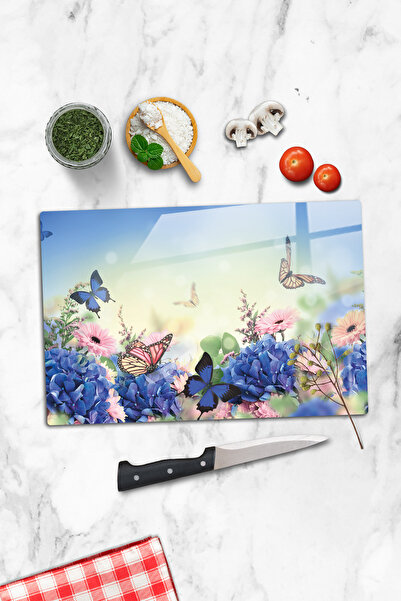 ALİN DİZAYN Cam Kesme Tahtası - Kesim Tablası | Renkli Kelebekler | 30cm X 40cm