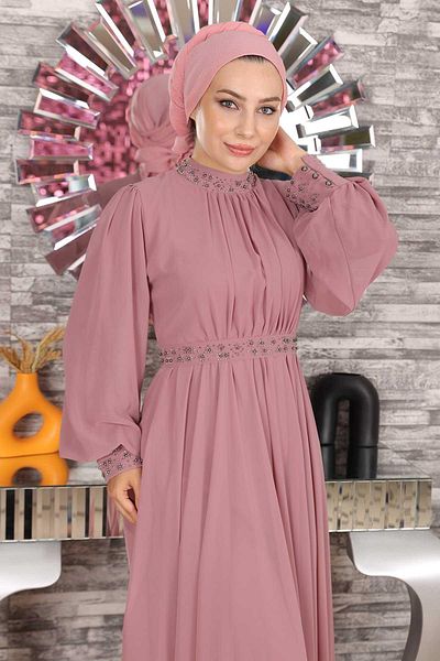 Modamihram Rochie de seara din sifon cu detalii din piatra Dusty Rose 19109