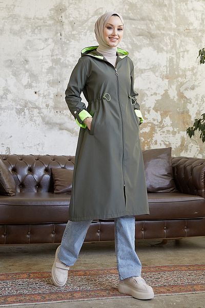 InStyle Drawstring Waist Hooded Neon Trench - Khaki \ Green