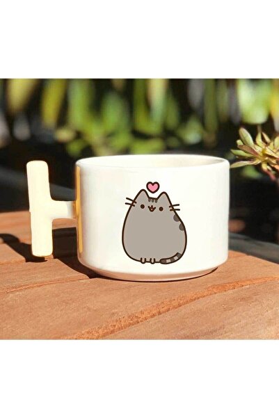 HobiShop Kedi Pusheen Baskılı Beyaz El Yapımı T Kulp Kupa Bardak
