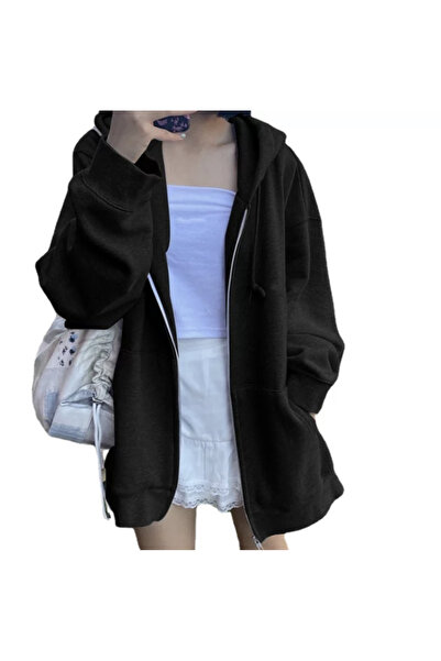 DENİKK Вуличний стиль однотонний великий чорний унісекс кардиган з капюшоном