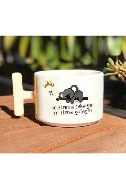 HobiShop Koala Motto Hiç Istemem Çalışayım Baskılı Beyaz T Kulp Kupa Bardak