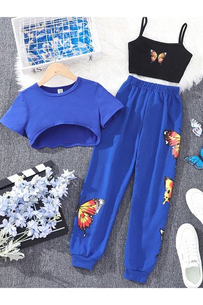 Machetta Set de trening de vară din 3 piese pentru copii - cu model fluture - crop - bretele - pantaloni de trening