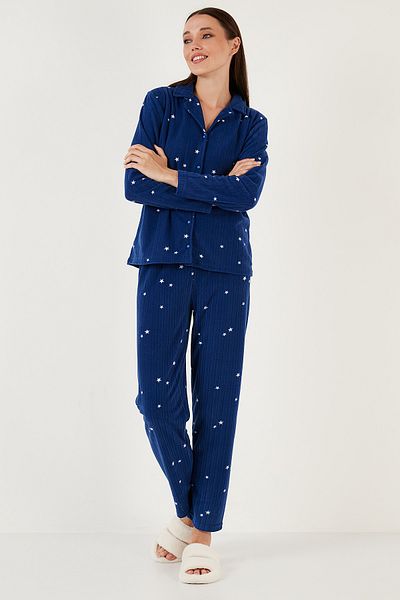 Lela Regular Fit Shirt Collar Front Buttoned Fleece Pajama Set PAJAMA SET 6571009