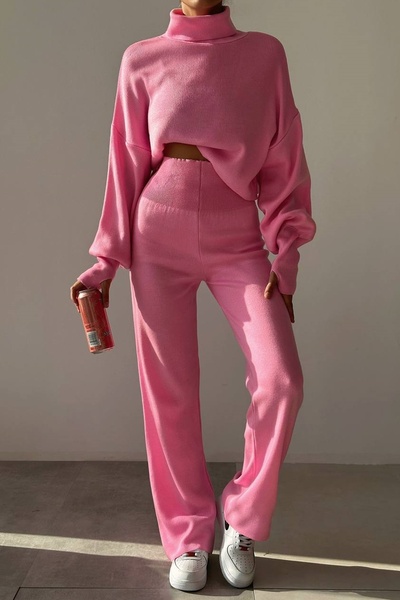 barış sülün lovebox Hand-stitched Flexible Knitwear Pink Crop and High Waist Pink Knitwear Trousers Top and Bottom Set 015
