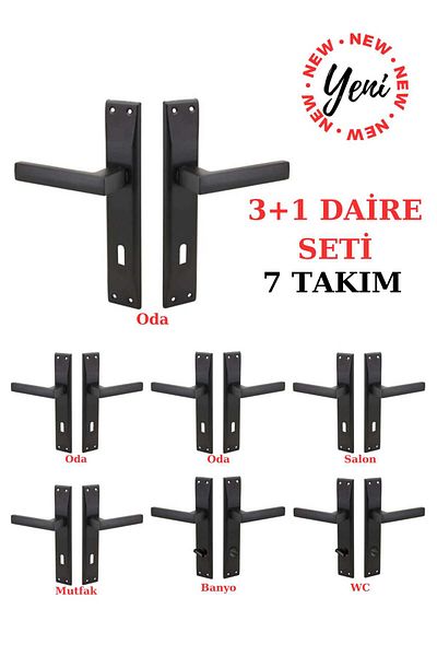 ARON (7 SET) STAINLESS ELITE HANDLE MIRRORED MATTE BLACK 3+1 ROOM SET (5 ROOMS - 2 BATHROOM-WC) DOOR HANDLE