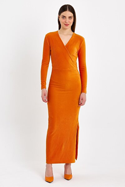 JAHR MARC Turuncu Yırtmaçlı Fitilli Kadife Elbise