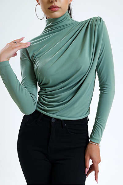 ladyzey γυναικεία μέντα πράσινη ζιβάγκο μακρυμάνικη μπλούζα με σταυρωτό κορδόνι περίσφιξης