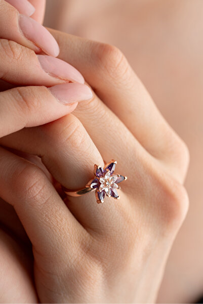 Nereze 925 Ayar Gümüş Ayarlanabilir Rose Mor ve Beyaz Taşlı Lotus Çiçeği Yüzük