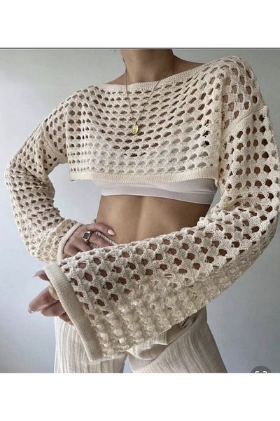 plentifulness Crop Top din tricotaje boeme de culoare piatră - scobit și ajurat, mărime standard