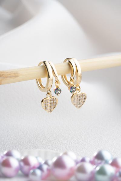 Nereze 925 Ayar Gümüş ; Gold Mistik Topaz Taşlı 12 Mm Kalpli Küpe