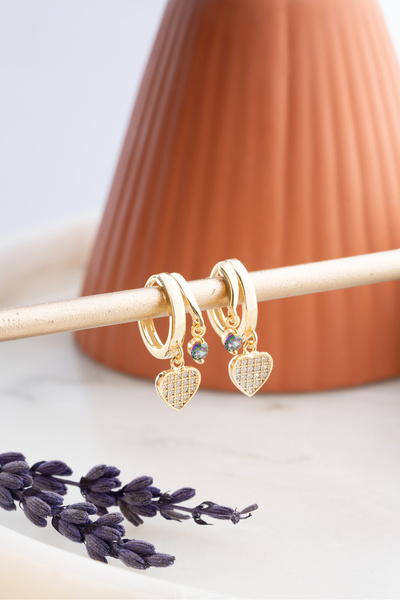 Nereze 925 Ayar Gümüş ; Gold Mistik Topaz Taşlı 12 Mm Kalpli Küpe