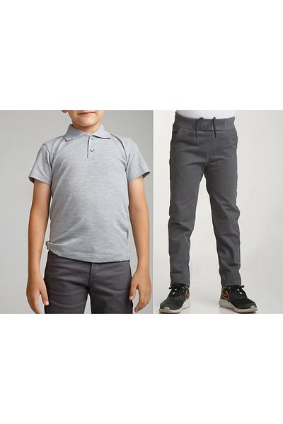 FATELLA Unisex children's school ribbed waist trousers - gray short sleeve Polo collar t-shirt set of 2