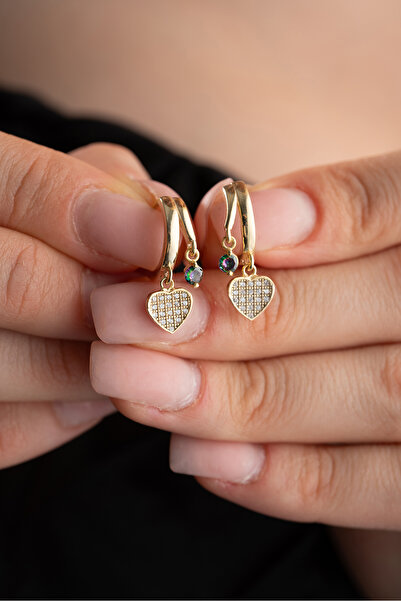 Nereze 925 Ayar Gümüş ; Gold Mistik Topaz Taşlı 12 Mm Kalpli Küpe