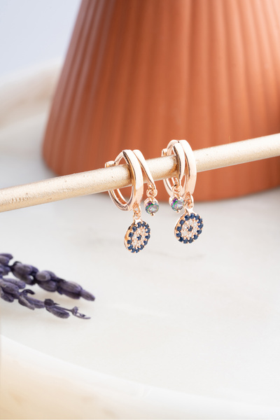 Nereze 925 Ayar Gümüş Rose Mistik Topaz Taşlı 12 Mm Nazar Küpe