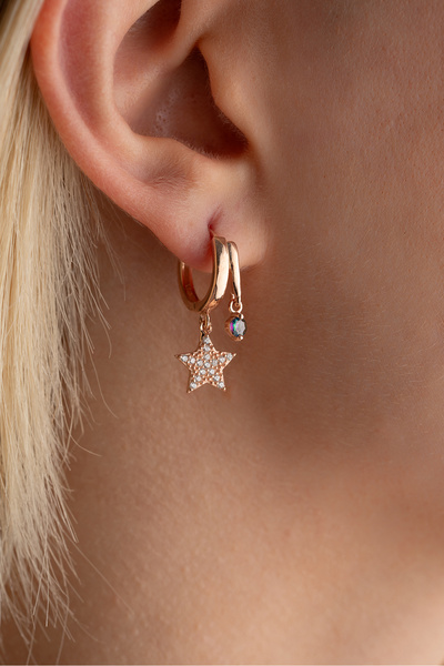 Nereze 925 Ayar Gümüş Rose Mistik Topaz Taşlı 12 Mm Yıldız Küpe