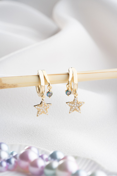 Nereze 925 Ayar Gümüş ; Gold Mistik Topaz Taşlı 12 Mm Yıldız Küpe