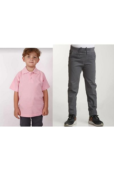 FATELLA Unisex children's school light gray ribbed waist pants - short sleeve Polo collar T-shirt 2-piece set