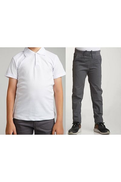 FATELLA Unisex children's school light gray ribbed waist pants - short sleeve Polo collar T-shirt 2-piece set