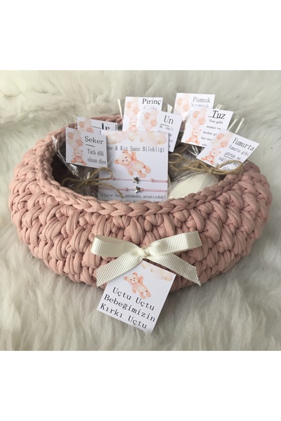 Merve ÖZTÜRK 40 Uçurma Hediye Sepeti Bebek Hediyelik Kırk Sepeti Somon Renk