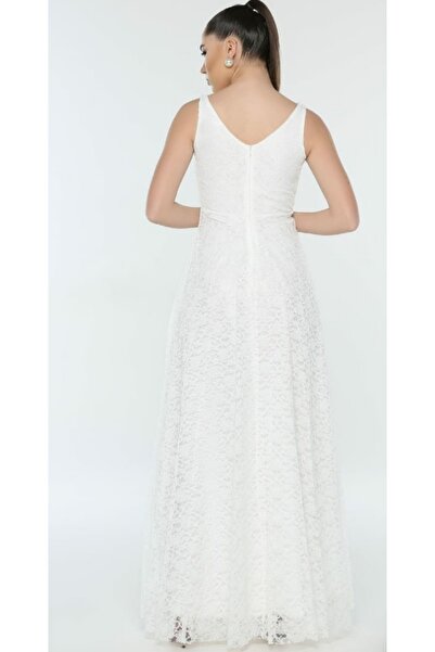 Hepsibitarz Kadın Beyaz V Yaka Danteli Tasarım Abiye Elbise