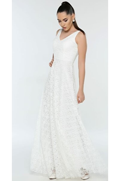 Hepsibitarz Kadın Beyaz V Yaka Danteli Tasarım Abiye Elbise