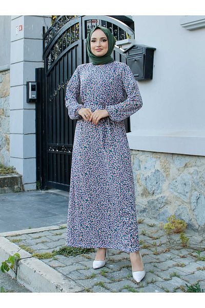 Por La Cara Saks Blue Floral Patterned Belted Dress - Por La Cara