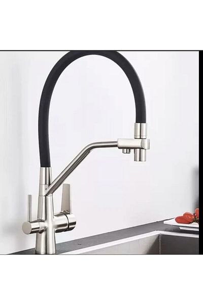 İSAOĞLU YAPI Purified Faucet Kitchen Faucet Matte Chrome Color Spiral Faucet Extending System Inox Sink