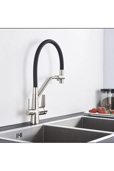 İSAOĞLU YAPI Purified Faucet Kitchen Faucet Matte Chrome Color Spiral Faucet Extending System Inox Sink
