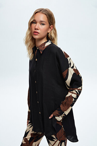 Love My Body Wide Cut Sleeve Patterned Linen Shirt