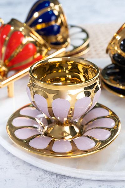 ACAR Riona Daisy Patterned - 90 ml Gilt Colored Porcelain Coffee Cup Set for 6 People 0163