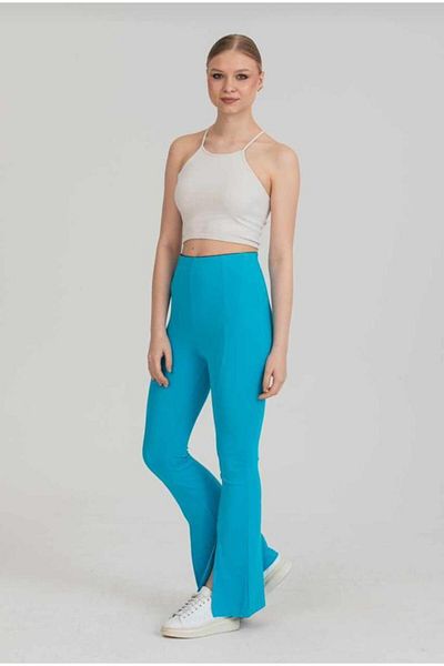 Butik Şımarık Women's Front Slit Turquoise High Waist Spanish Leg Diving Fabric Tights