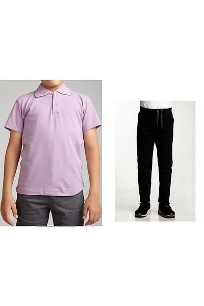 FATELLA Unisex children's school ribbed waist trousers - lilac short sleeve Polo collar t-shirt set of 2