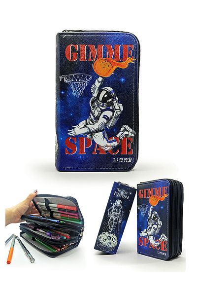 Limmy Μολυβοθήκη Astronaut Basketball Space Pattern Θήκη μολυβιών Vegan Δερμάτινη θήκη τριών διαμερισμάτων-μαύρο