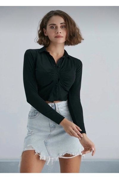 HELEBEK Siyah Crop Gömlek