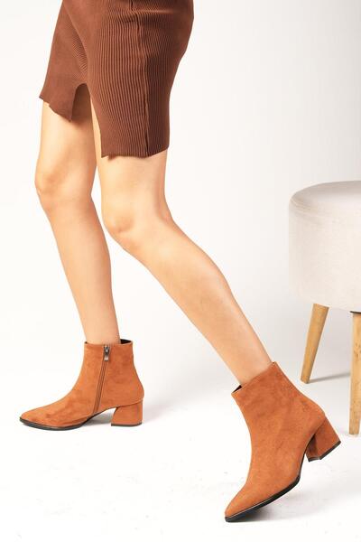Mio Gusto Erika Taba Renk Süet Ince Kürk Astarlı Fermuarlı Kadın Topuklu Bot