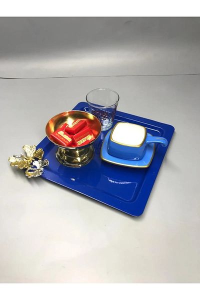 NEWTREND Züccaciye Stainless Steel Square Blue Coffee, Tea, Decorative Presentation Serving Tray with Luxury Butterfly Accessories