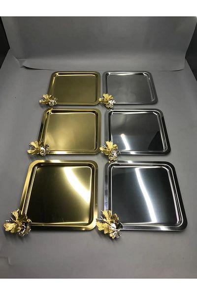 NEWTREND Züccaciye Square Luxury Butterfly Accessories in 2 Different Colors 3 Gold, 3 Silver Stainless Steel Coffee, Tea, Presentation Tray