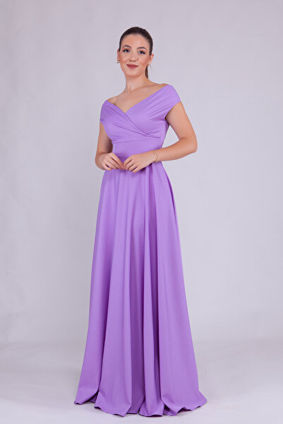 NO48 أرجواني ماكسي طول قارب الرقبة رايات النسيج المنسوجة فستان سهرة واسع