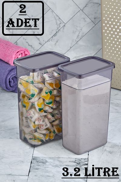 Bayev King Size 2 Pieces 3.2 Lt Smoked Powder Tablet Detergent Storage Box Set Bathroom Kitchen Supply Container