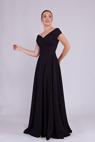 NO48 Rochie de seară neagră, lungime maxi, cu decolteu barcă, țesătură fluidă