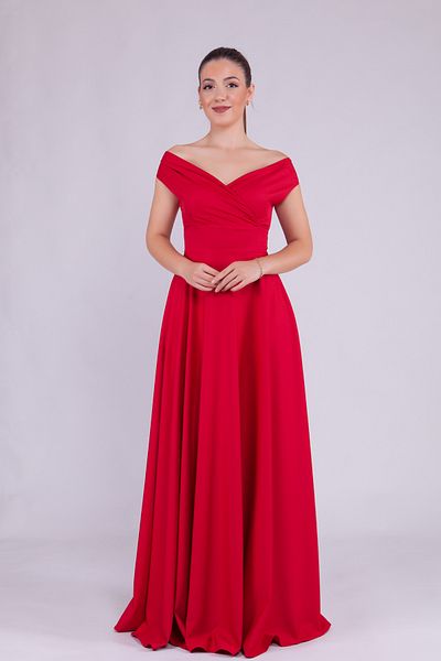 NO48 Red Maxi Length Boat Neck Draped Woven Fabric Flared Evening Dress