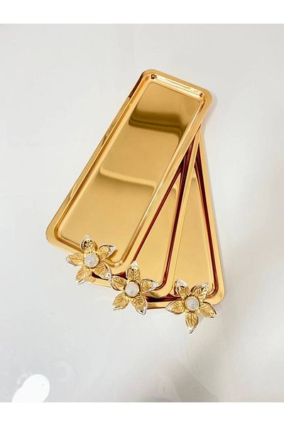 NEWTREND Züccaciye 3-Piece Lily Floral Luxury Stainless Steel Baton Serving, Tea, Coffee, Catering and Presentation Tray