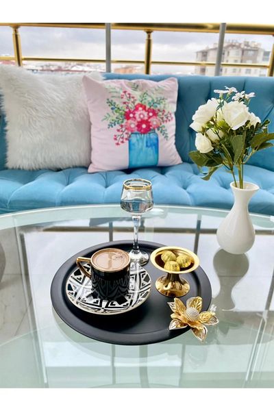 NEWTREND Züccaciye 6-Piece Lily Flowering Round Black Presentation Tray, Decorative Serving Tray, Tea, Cake Coffee 24 Cm