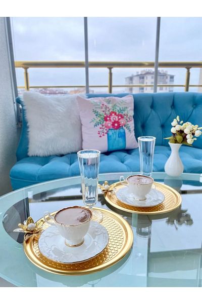 NEWTREND Züccaciye 2-Piece Lily Floral Round Patterned Gold Presentation, Decorative Serving Tray, Tea, Cake Brown 23 Cm