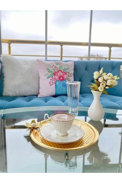 NEWTREND Züccaciye 2-Piece Lily Floral Round Patterned Gold Presentation, Decorative Serving Tray, Tea, Cake Brown 23 Cm